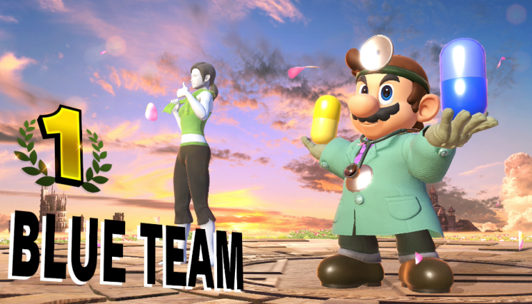 The win screen, showing Barry holding two giant pills while Susan does a thumbs up further back.